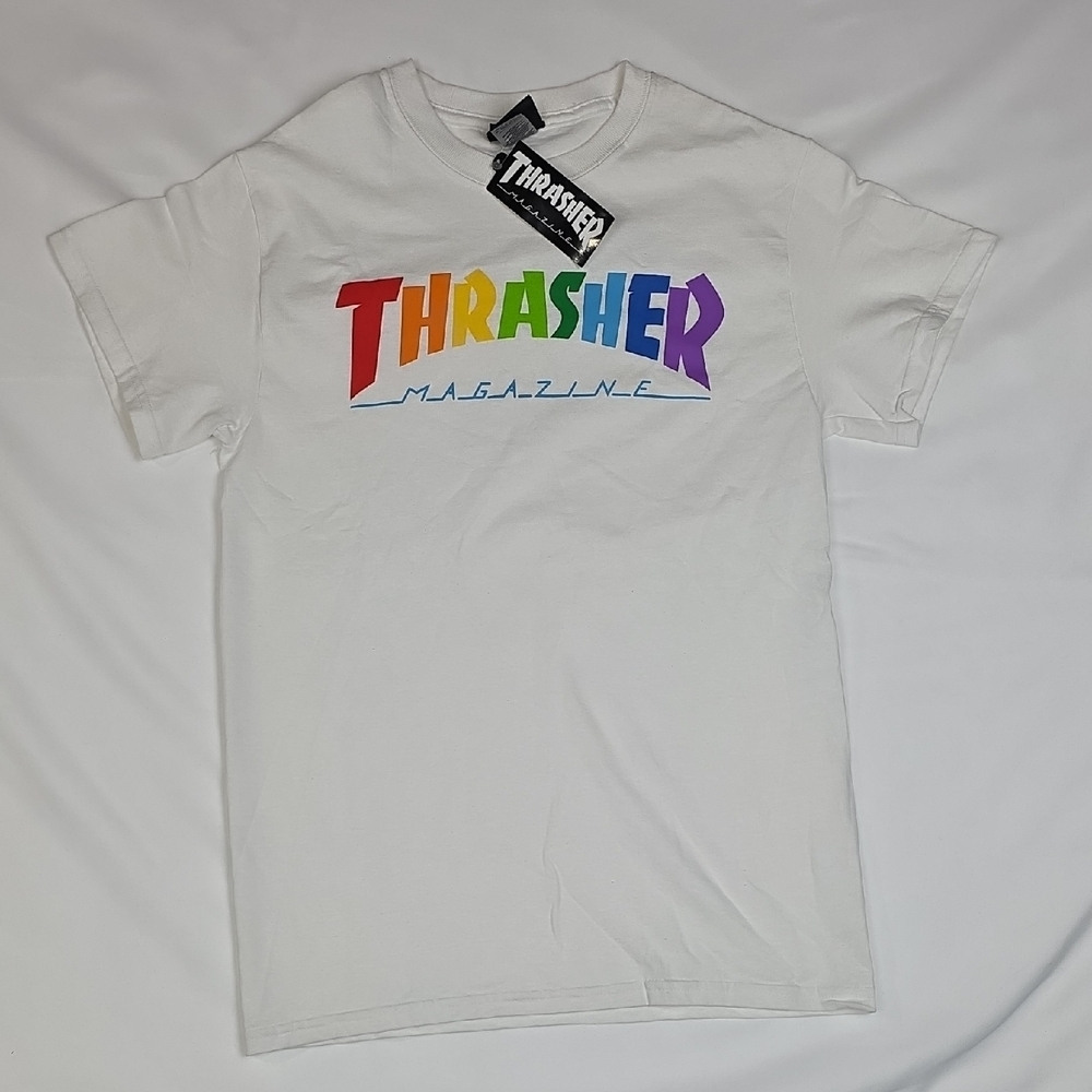 Thrasher White Tee with Multicolor Logo Size Small